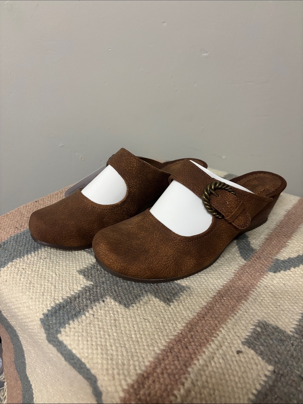 BareTraps Brown Suede Buckle Clog Mules with Twisted Metal Accent